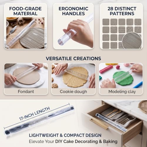 Patterned Acrylic Rolling Pin, Clear Lightweight Embossing Roller for Baking Fondant Compliant Food Safe Comfortable Grip 28 Patterns 6.3 x 0.4 In 1 Pc - size: 52006 wood grain