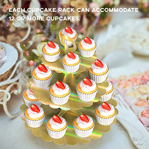 3-Tier Laser Gold Cupcake Stand, 2-Pack Heart Handle Dessert Display Tower, Quick Easy Assembly, Easy Clean for Wedding Birthday Graduation Baby Shower Party Supplies - color: Rainbow Gold 2 Pack