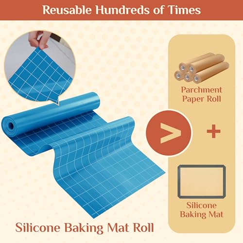 GTJ Silicone Baking Mat Roll, Reusable Baking Sheet Liners, 12 in x 10 ft - color: Blue + White Line, size: 120"L x 12"W
