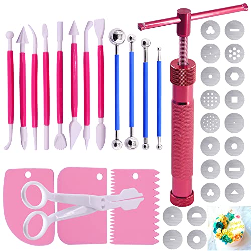 Keadic 37Pcs Rose Red Clay Fondant Extruder Cake Decorating Supplies Sugar Modeling Tool Set, Clay Extruder Gun with 20 Tips Sugar Extruder Disks & Ball Stylus Dotting Tool - color: Rose Red