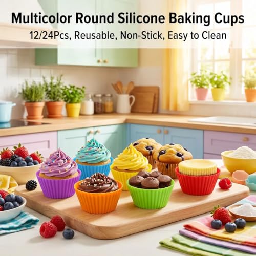 10Pcs Round Multicolor Silicone Baking Cups, Reusable Muffin Liners - color: 10Pcs-Round Cups