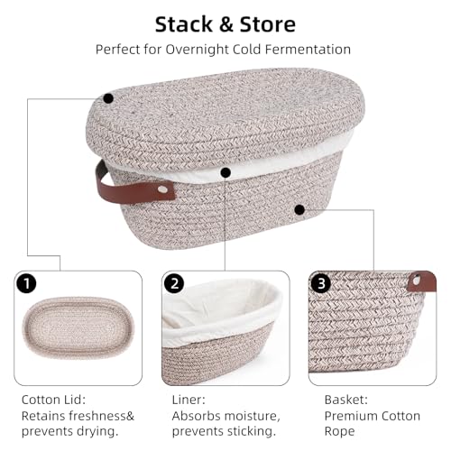 Stackable Cotton Banneton Proofing Basket Set, With Pro Sourdough Aliquot Jar for Rise Tracking – 2 x 10 inch Oval Bread Basket, Sourdough Baking Tools for Artisan Bread Makers