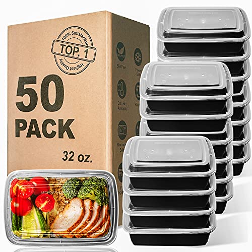 Meal Prep Containers, 32OZ 50 Pack Extra-thick Food Storage Containers with Lids, Plastic Microwavable Bento Box Reusable Storage Lunch Boxes BPA Free, Stackable, Dishwasher/Freezer Safe - size: 32OZ-50Pack