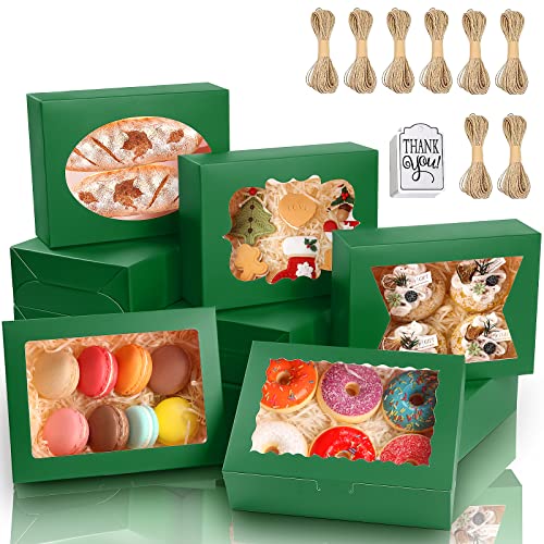 KPOSIYA 65 PCS 8x6x2.5 Inch Cookie Boxes with Window Green Bakery Boxes Pastry Boxes for Gift Giving, Treat, Dessert, Cupcakes, Chocolate, Strawberries, Donuts, Muffins (5 Style Windows) - color: Green(pack of 65)
