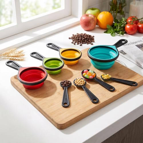 8PCS Silicone Measuring Spoons and Cups Set Adjustable Folding