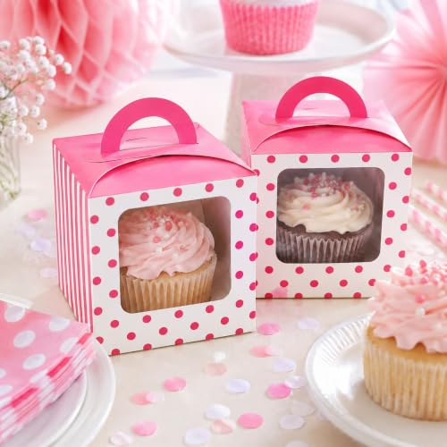 Pink Polka Dot Cupcake Boxes with Window and Handles, 24 Count