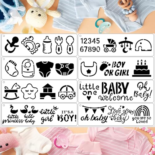 Cute Baby Shower Stencils for Painting, 8Pcs Baby Shower Reusable Stencil Cookies Sugar Cake Baking Stencils