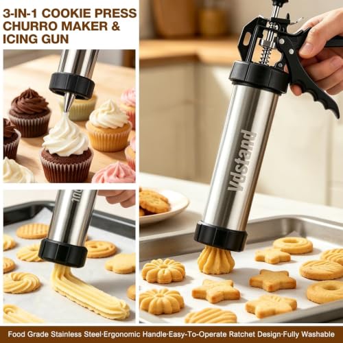 3-in-1 Cookie Press and Churro Maker, Stainless Steel Baking Gun