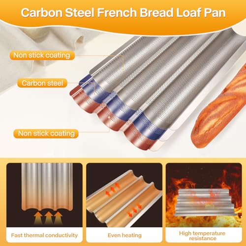 2-Pack Baguette Bread Pan, 3-Slot French Bread Baking Tray, Golden - color: Gold