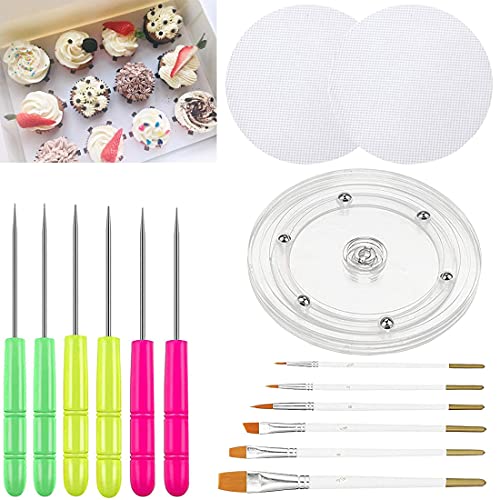 Cookie Decorating Kit Cookie Decorating Supplies with 1 Acrylic Turntable, 6 Cookies Fondant Brushes 6 Scribe Needle Royal Icing Tools - size: 6 inch