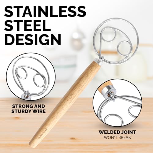 Zulay Kitchen Double-Eye 13" Danish Dough Whisk - color: Acacia | Double Eye