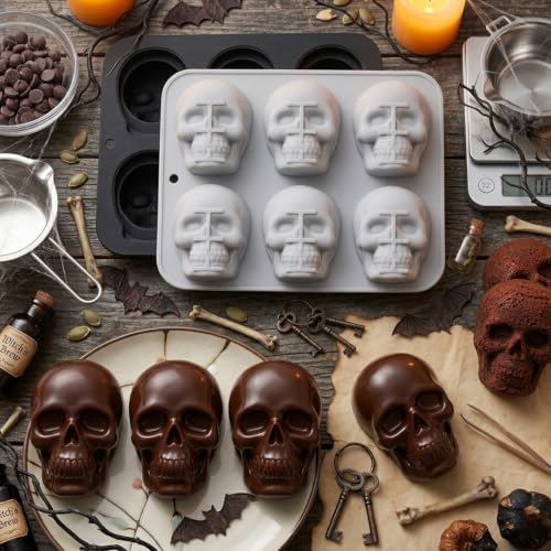 2 Pack 3D Skull Silicone Molds Halloween Silicone Molds, Reusable Non-Stick Skull Chocolate Baking Molds for Cake, Candy, Ice Cube, Resin, Halloween Party Decorations（Black/Gray）