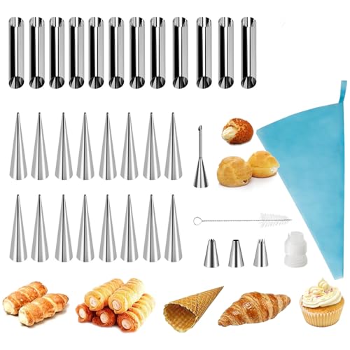 35pcs Cream Horn Molds, Stainless Steel Cannoli Forms Tubes Kits, Baking Cones, Roll Horn Forms, Non-stick Baking Molds for Danish Pastry Lady Lock Form, Cream Roll, Croissant - size: 35pcs