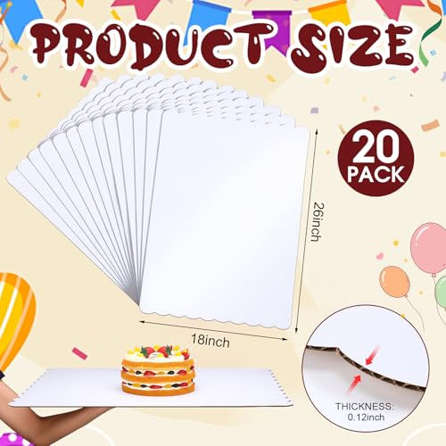 Maxdot 20 Pcs 26 x 18 Inch Rectangle Cake Boards Disposable Single Wall Cake Pad Scalloped Full Sheet Dessert Base White Corrugated Pastry Food Tray Plate for Pizza Display Holiday Party Supplies