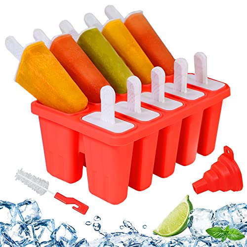 Silicone Popsicle Molds 10-cavity, DIY Ice Pop Mold for Kids Adult Teens, BPA Free Ice Cream Molds for Party Yogurt Juice Smoothies Sticks - color: Red-10 cavity