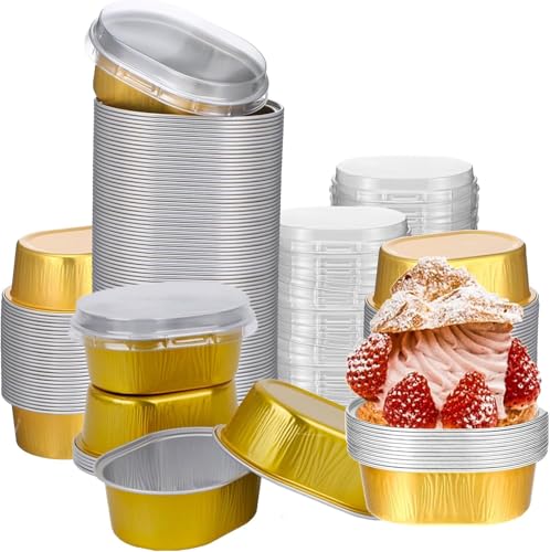 100 Pack Mini Aluminum Baking Cups with Lids，2 oz disposable Ramekins pancake liner container for dessert specific pie tin cups, cream pudding, pudding, cupcakes