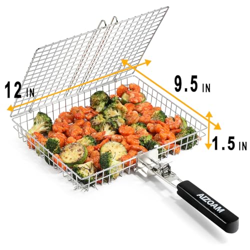 Grill Basket - Grill Baskets for Outdoor Grill, Stainless Steel Large Grilling Basket w Removable Handle, Portable Fish Grilling Rack for Grill Ideal Meat Fish Vegetables Grilling Accessories