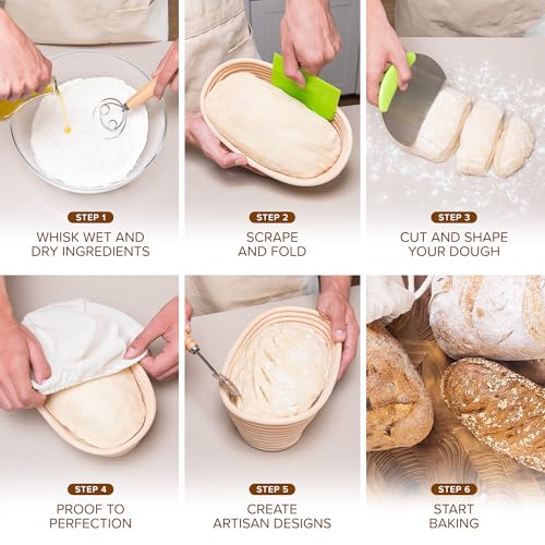 Laura's Green Kitchen Complete Sourdough Starter Kit – Sourdough Bread Baking Supplies with 2 Banneton Bread Proofing Basket, Linen Liners, Bread Lame, 5 Bread Blade for Scoring Dough, Scraper & More