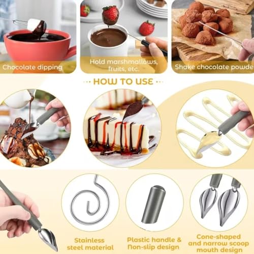 (5pcs/2pcs) Candy Dipping Forks & Spoons Set - Metal Chocolate Dipping Tools with Pencil Spoons for Dessert Plates, Candy Making, Ice Toppings - Culinary Decorating Utensils for Chefs & Bakers(5 Pcs)