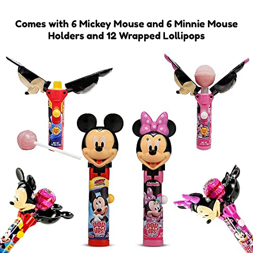 Pop Ups! Minnie & Mickey Mouse Lollipop Holder - 12 Lollipops with Cases - Individually Wrapped Candy Party Favors, Stocking Stuffers - Mickey Mouse Candy - Bulk Set of 12 - style: Minnie and Mickie