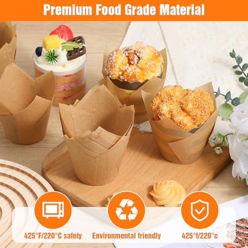 300 Pcs Natural Tulip Cupcake Liners, Premium Muffin Liners Holders for Baking Cups,Jumbo Muffin Liner, Greaseproof Tulip Cupcake Wrappers for Weddings, Party, Christmas, Valentines
