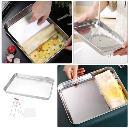 BESTOYARD Stainless Steel Rice Roll Tray Rectangular Steamer Pan 10.43 X 8.07 X 0.47 in Flat-Bottom Baking Sheet with Gripper and Scraper for Homemade Rice Noodles Serving and Kitchen Use