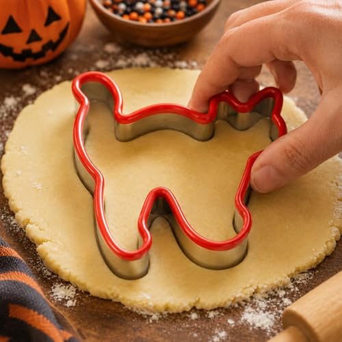 Cat Halloween Cookie Cutter, Stainless Steel Baking Mold | Cat-shaped cutter with silicone top edge for cookies, fondant, pastry, sandwiches and Halloween baking - color: Red