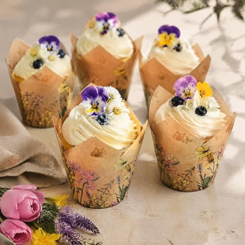 Whaline 100Pcs Wildflower Tulip Cupcake Liner, Colorful Floral Muffin Liner