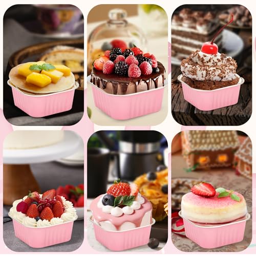 60Pack 5oz Pink Mini Cake Pans with Lids Baking Cups Aluminum Foil Pans Tins, Individual Dessert Cups Containers for Sales,Party,Picnics - color: Pink