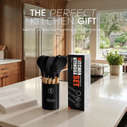 oannao Silicone Cooking Utensils Set Utensil Sets - 446°F Heat Resistant Silicone Kitchen Utensils Set Wooden Handles, Silicone Utensils for Cooking w Holder for Non-Stick Cookware BPA FREE (Black) - color: Black