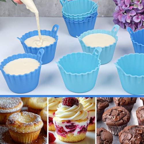 Koluti Nonstick Silicone Muffin Baking Cups Pack of 8, Reusable Cupcake Molds with Double Handle, BPA Free, Small Round Air Fryer Cupcakes Liner, 2 Colors - size: Large Size Round-2Colors-8Set