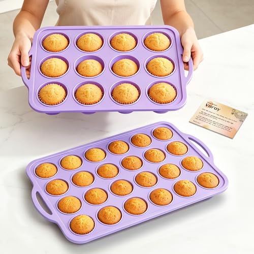 Silicone Muffin Pan Set: Non Stick 12 & 24 Silicone Muffin Pans for Baking - color: Purple, size: Regular & Mini: 12 Cup & 24 Cup
