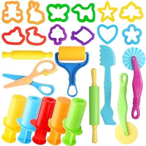 Dough Tools for Kids, 24 Pieces Dough Play Tools Set with Rolling Pins,Cutters,Dough Extruders,Scissor - style: 24 pcs