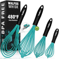 Walfos Silicone whisk,Whisks for Cooking Non Scratch, BPA Free whisk set of 4, 7+9+11in Balloon Whisks & 11in Flat Whisk, Heat Resistant(480°F).Great for Cooking in Pans, Baking, Whisking.Blue - color: 4pcs Blue; 7+9+11in & 11in（flat）