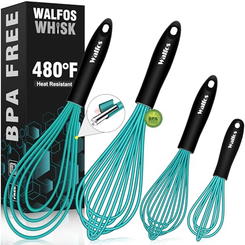 Walfos Silicone whisk,Whisks for Cooking Non Scratch, BPA Free whisk set of 4, 7+9+11in Balloon Whisks & 11in Flat Whisk, Heat Resistant(480°F).Great for Cooking in Pans, Baking, Whisking.Blue - color: 4pcs Blue; 7+9+11in & 11in（flat）