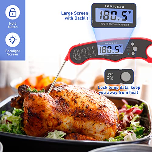 LONICERA Digital Meat Thermometer, 1-2s Instant Read, Foldable Probe, Red