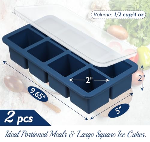 Webake 1/2 Cup Silicone Freezer Tray with Lids, 8-Grid Square Ice Cube Mold, Ideal for Prep & Portion, Large Ice Cube, Storage Soup, Snack, Broth, Leftovers, Pack of 2 - color: Dark Blue