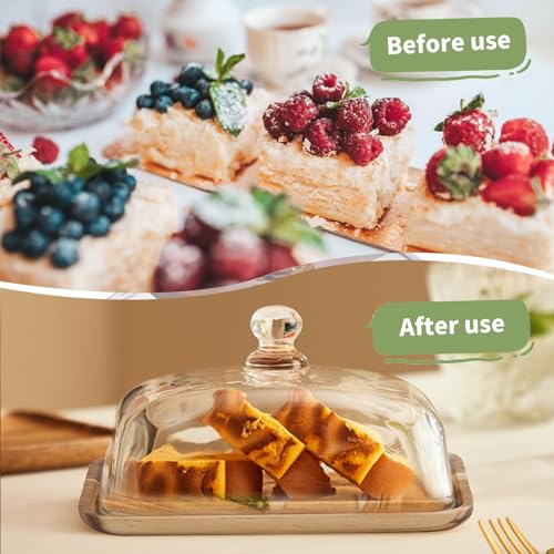 2 Pack Rectangular Wooden Cake Stand, 4 x 6.3 Mini Cake Plate Holder with Clear Glass Bell,Cake Display Server Tray for Kitchen,Birthday Parties,Weddings,Baking Gifts - color: 4.6x7inch Rectangular / 2pack