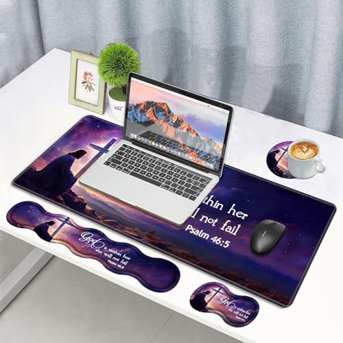 Ergonomic Memory Foam Mouse Pad Wrist Rest Set, Large Gaming Desk Pad + Keyboard Wrist Rest + Mouse Wrist Cushion + Coaster for Home Office Study Gaming, Christian Cross Quote Bible Verse Psalm 46:5 - color: Christian Cross Quote Bible Verse Psalm 46:5
