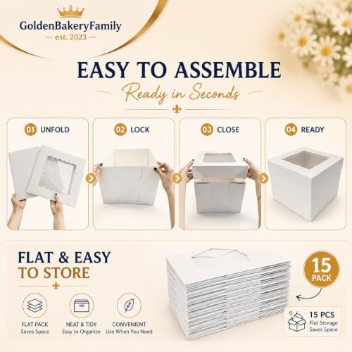 15 Pcs 12in Cake Boxes with Window,12x12x8 Inches White Bakery Boxes - color: White（12 Inch 15 Pack）