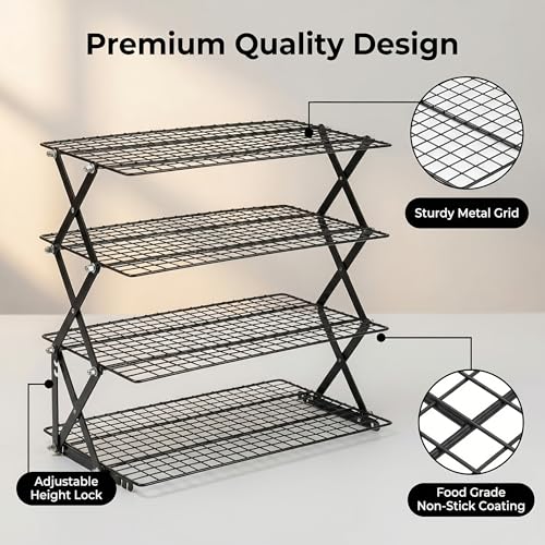 4-Tier Collapsible Cooling Rack for Baking, 3-Setting Adjustable Stackable Cookie Rack, Durable Nonstick Space-Saving Stand for Cooking, Roasting, Drying, Grilling, Cottage Bakery