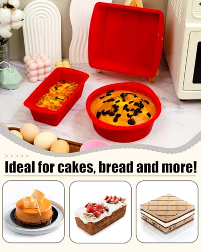 Silicone Baking Pans Sets - Nonstick Silicone Bakeware Set with Bread Loaf Pan, Square/Round Cake Pan - Oven & Dishwasher Safe - color: Red-Round+Square+Loaf
