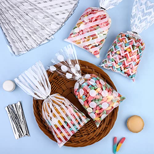 Aodaer 100 Pieces 10.6 x 5.1 In White Cellophane Bags Plastic Candy Gift Bag Cellophane Treat Bags with Twist Ties Stripes Polka Dot Printed Pattern Goodie Bag for Birthday Weddings Party Favors - color: White