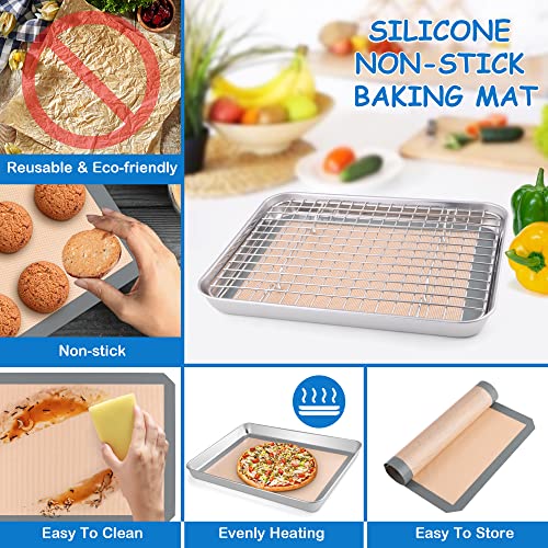 P&P CHEF 10.4 x 8 x 1 Inch Toaster Oven Pan Tray with Rack and Mat - 3Pcs - size: 10.4 x 8 x 1 Inch