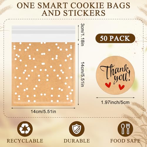 Fuyoooo 50 Pcs Self Adhesive Cookie Bags Cellophane Polka Dot Treat Bags Small Plastic with Thank You Stickers for Party Gift Giving Bakery Biscuit Candy Pastry (5.6 x 5.6 Inch) - size: 5.6 x 5.6 inch