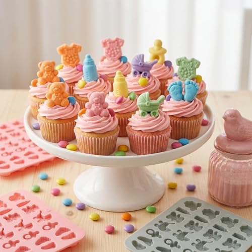 2 Pcs Baby Shower Chocolate Molds - Babies Silicone Candy Molds, Baby Feet Bottle Carriage Nursing Silicone Mold, Silicone Mold with Footprint Bear Carriage Mold forCupcake Decoration Party