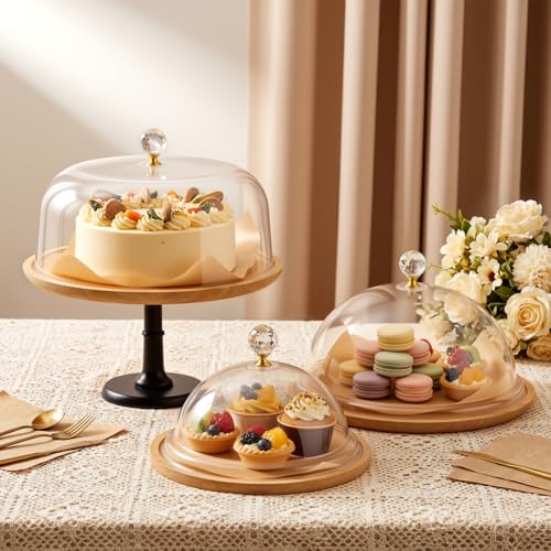 Lallisa 3 Set Bamboo Cake Stand Set with Acrylic Dome Covers