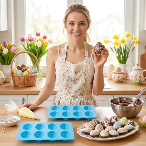 1 Pack Silicone Egg Molds 8 Cavity Easter Silicone Candy Mold 3D Egg-Shaped Silicone Baking Mold for Chocolate, Jello, Mini Cakes, DIY Desserts, Candy, Ice, Pudding, Baking (1, Blue) - color: Blue