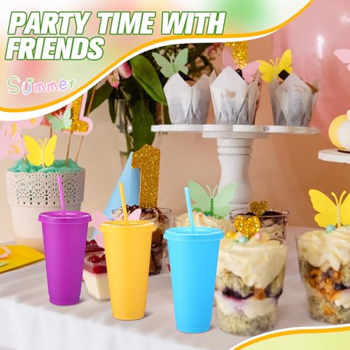 Honeydak 30 Pack Plastic Cups with Lids Straws,Bright Color - color: Bright Color