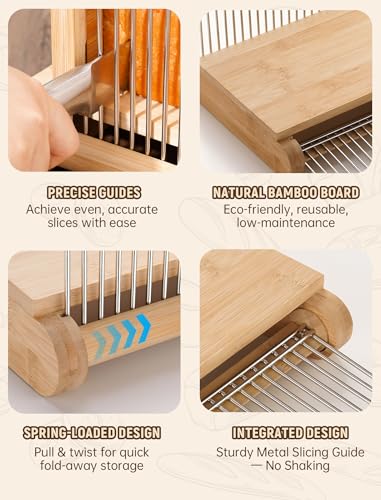 NiHome Bread Slicer for Homemade Bread, Bamboo, Adjustable Thickness